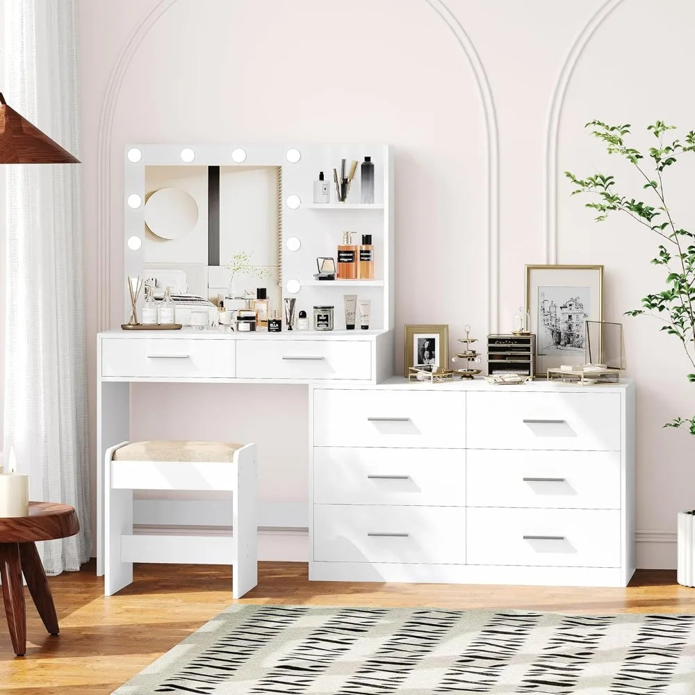 Rovaurx 65" W Makeup Vanity Desk with Mirror and 3-Color Lights, 8 Drawers Vanity Table with Side Storage Shelf, Dressing Table, - Home Fusion