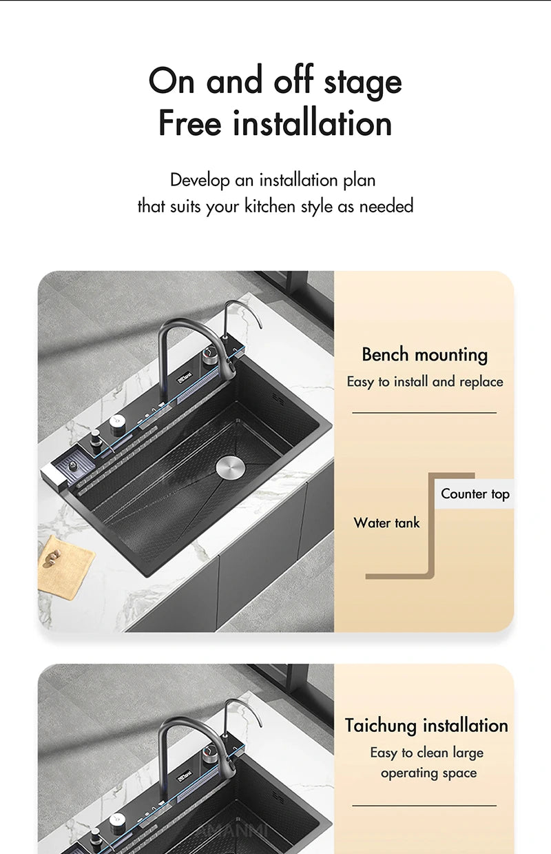 304 Stainless Steel Waterfall Kitchen Sink Large Single Slot Integrated Digital Display Faucet Set Soap Dispenser Cup Washer Home Fusion