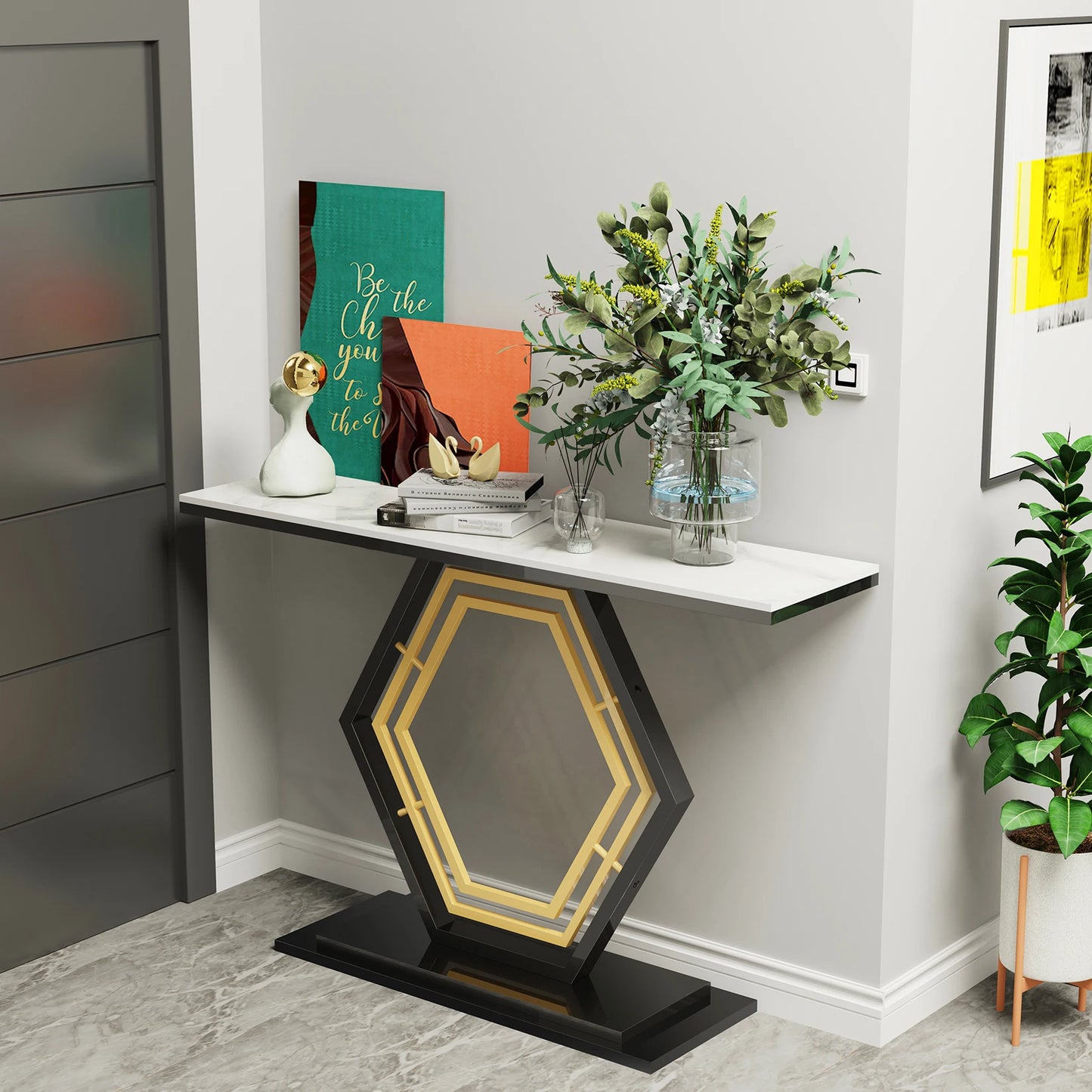 Metal Console Table, Couch Table, Sintered Stone Table Top, Narrow Hallway Tables for Entryway, Front Hall, Hallway, Living Room - Home Fusion