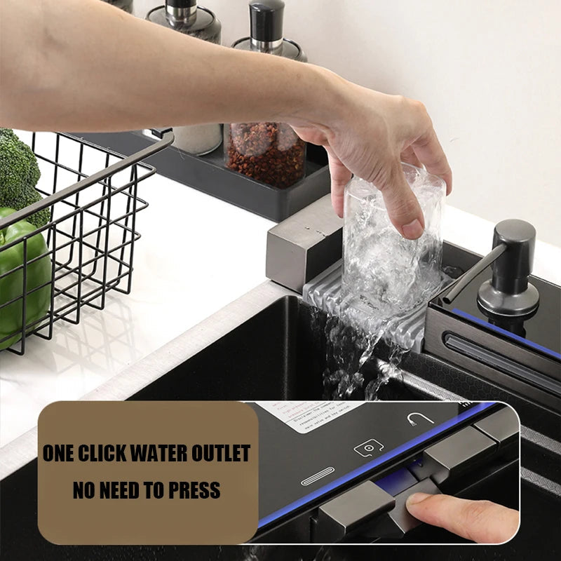 304 Stainless Steel Waterfall Kitchen Sink Large Single Slot Integrated Digital Display Faucet Set Soap Dispenser Cup Washer Home Fusion