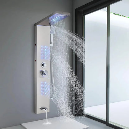 Shower Panel Tower System,LED Rainfall Waterfall Shower Head LED Large Area Massage Jets Tub Spout,Stainless Steel Bathroom - Home Fusion