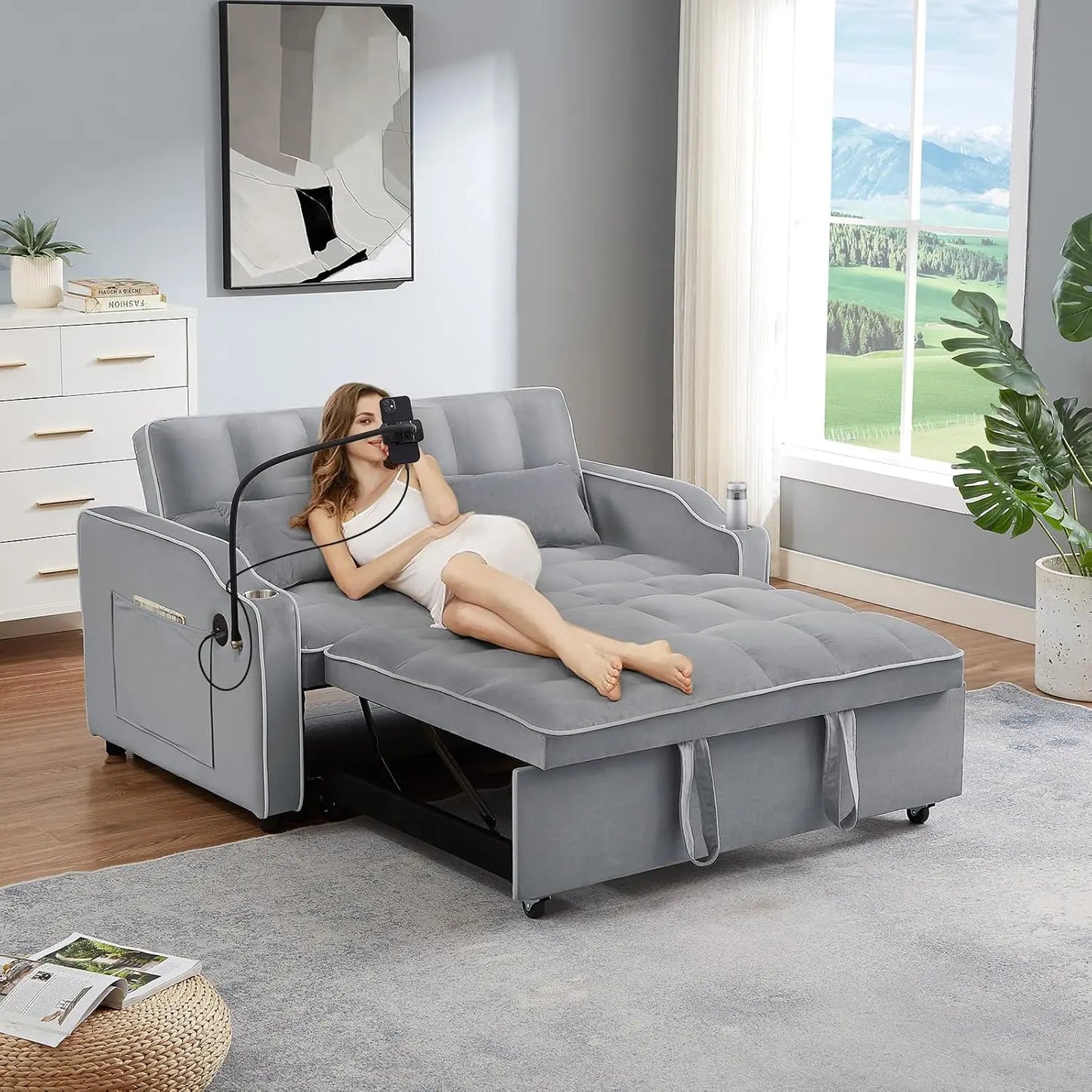 Velvet Convertible Couch Bed-Sofa: Charge, Relax, Sleep. - Home Fusion