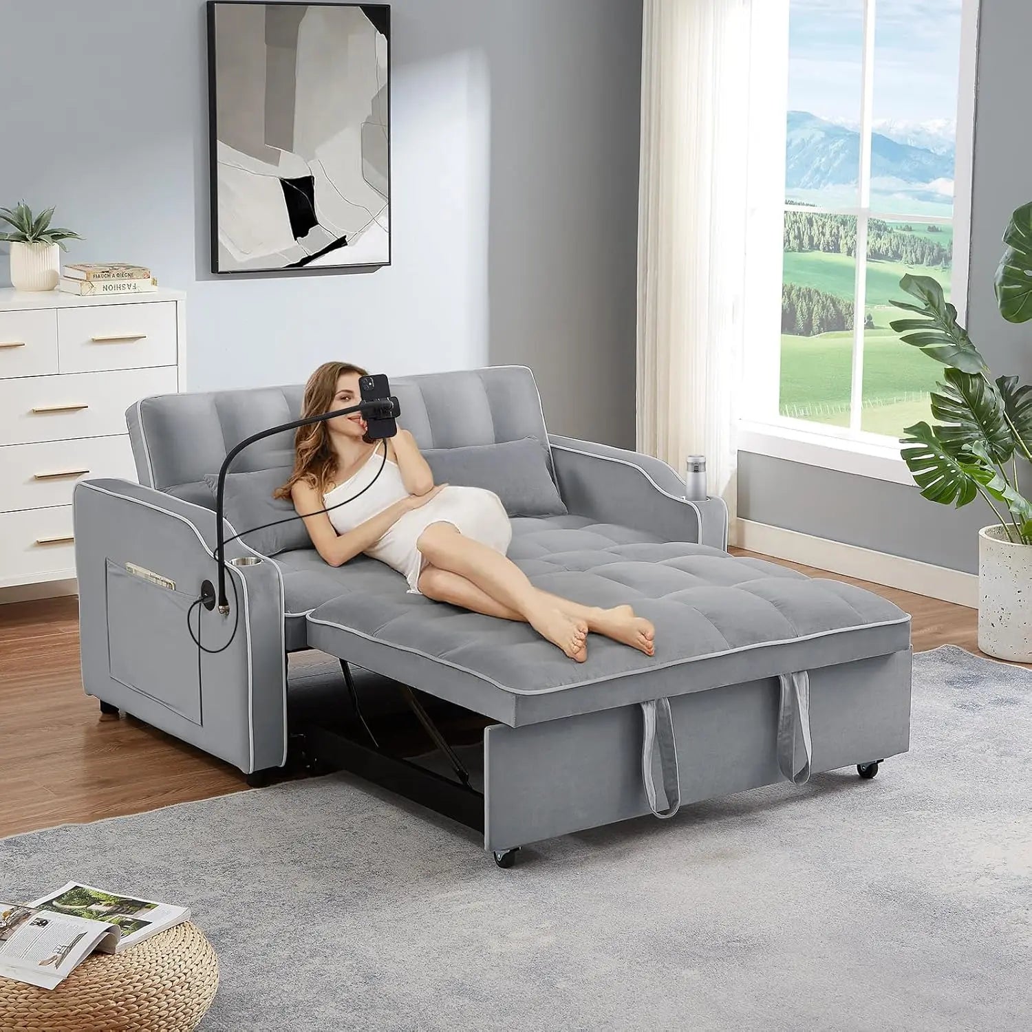 Velvet Convertible Couch Bed-Sofa: Charge, Relax, Sleep. - Home Fusion