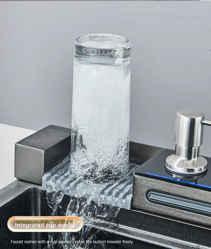 304 Stainless Steel Waterfall Kitchen Sink Large Single Slot Integrated Digital Display Faucet Set Soap Dispenser Cup Washer Home Fusion