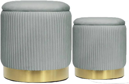 Round with Storage Set of 2, Velvet Storage Ottoman for Living Room, Round Storage, Ottoman Chair, Gold - Home Fusion