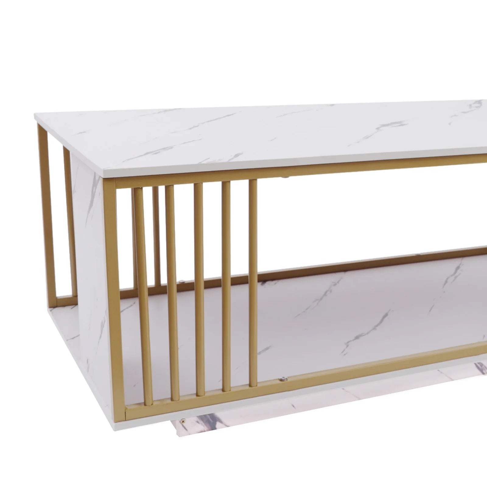 Modern 2-Tier White+Gold Coffee Table High Gloss Marble Veneer Rectangle Living Room Furniture, Waiting Area Table - Home Fusion