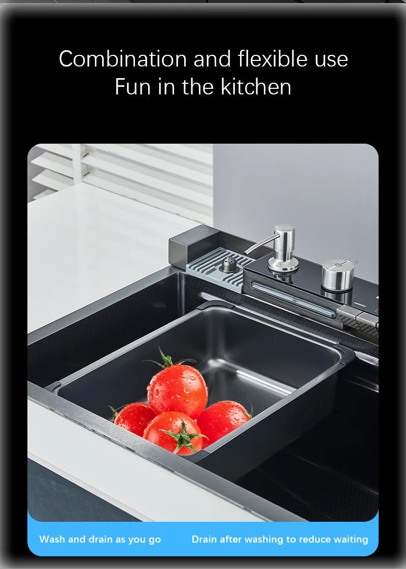 304 Stainless Steel Waterfall Kitchen Sink Large Single Slot Integrated Digital Display Faucet Set Soap Dispenser Cup Washer Home Fusion