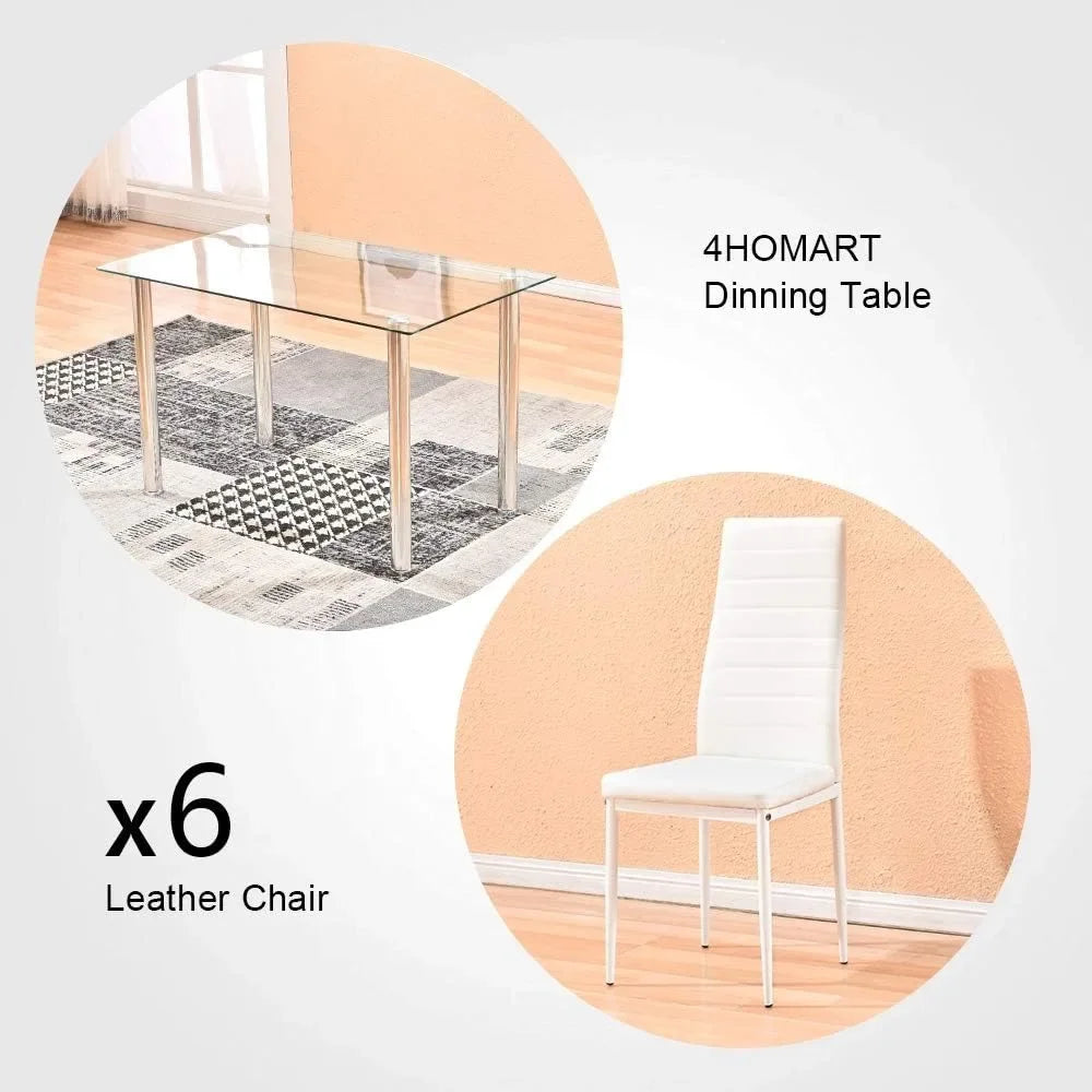 Dining Table with Chairs, Modern Tempered Glass Top Table and PU Leather Chairs with 6 Chairs Dining Room Furniture - Home Fusion