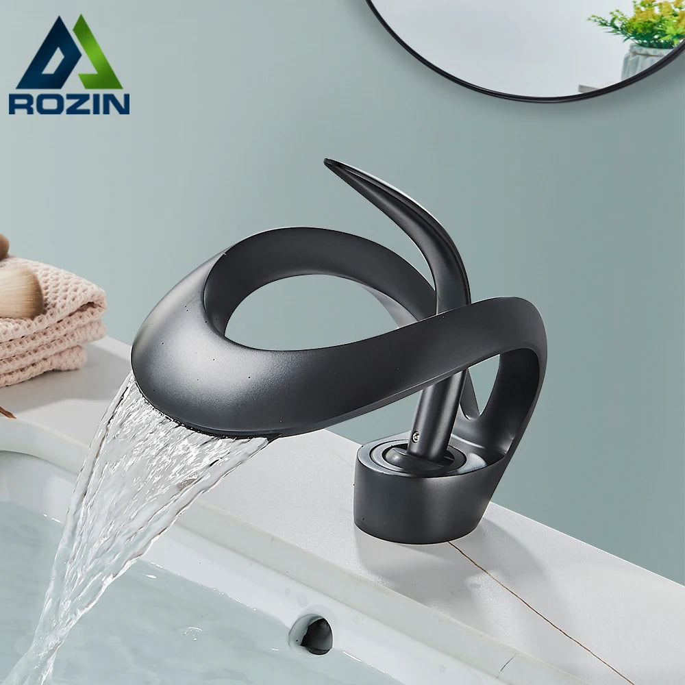 Rozin Luxury Black Basin Faucet Grey Bathroom Waterfall Mixer Tap Brass Deck Mount Modern Style Hot Cold Water Sink Mixer Crane - Home Fusion