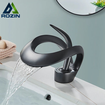 Rozin Luxury Black Basin Faucet Grey Bathroom Waterfall Mixer Tap Brass Deck Mount Modern Style Hot Cold Water Sink Mixer Crane - Home Fusion