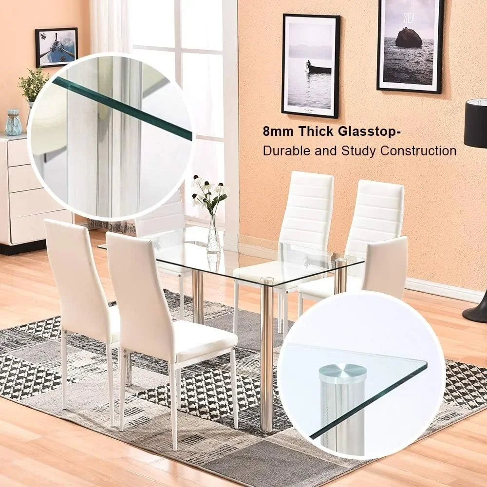Dining Table with Chairs, Modern Tempered Glass Top Table and PU Leather Chairs with 6 Chairs Dining Room Furniture - Home Fusion