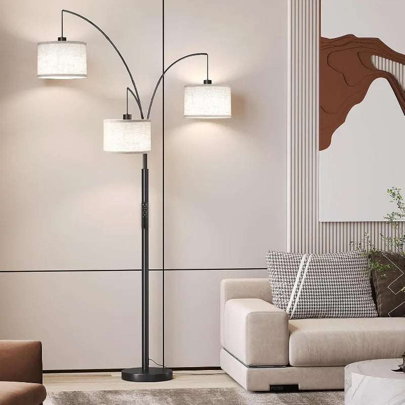 3 Light Floor Lamp – 78” Modern Arc Standing Lamp with Drum Shade - Home Fusion
