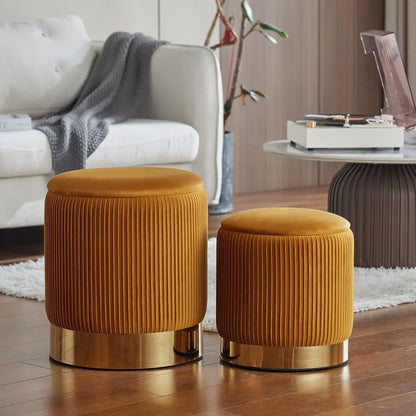 Round with Storage Set of 2, Velvet Storage Ottoman for Living Room, Round Storage, Ottoman Chair, Gold - Home Fusion