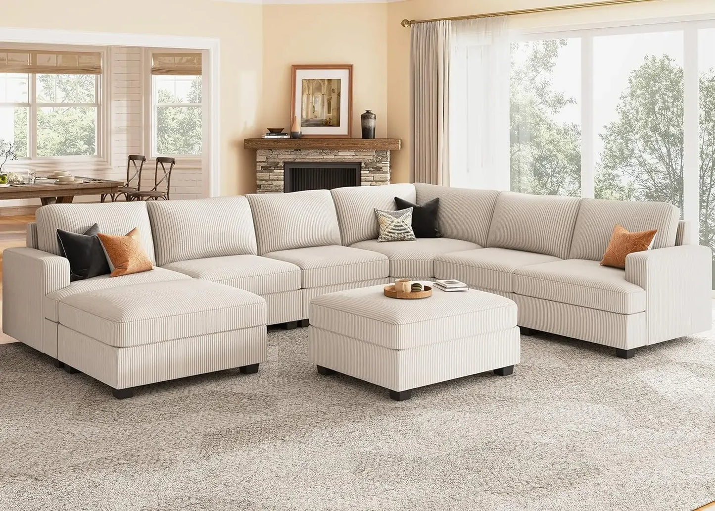 Sectional Sofa with Storage Ottoman, U Shape Sectional Couch Corduroy Modular Sectional Couches for Living Room, Beige - Home Fusion