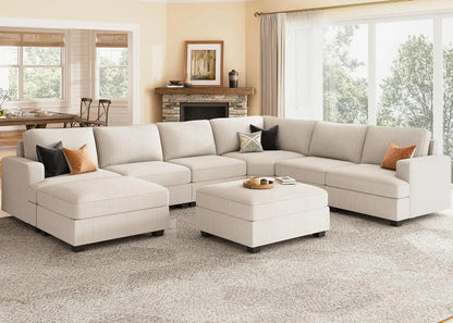 Sectional Sofa with Storage Ottoman, U Shape Sectional Couch Corduroy Modular Sectional Couches for Living Room, Beige - Home Fusion