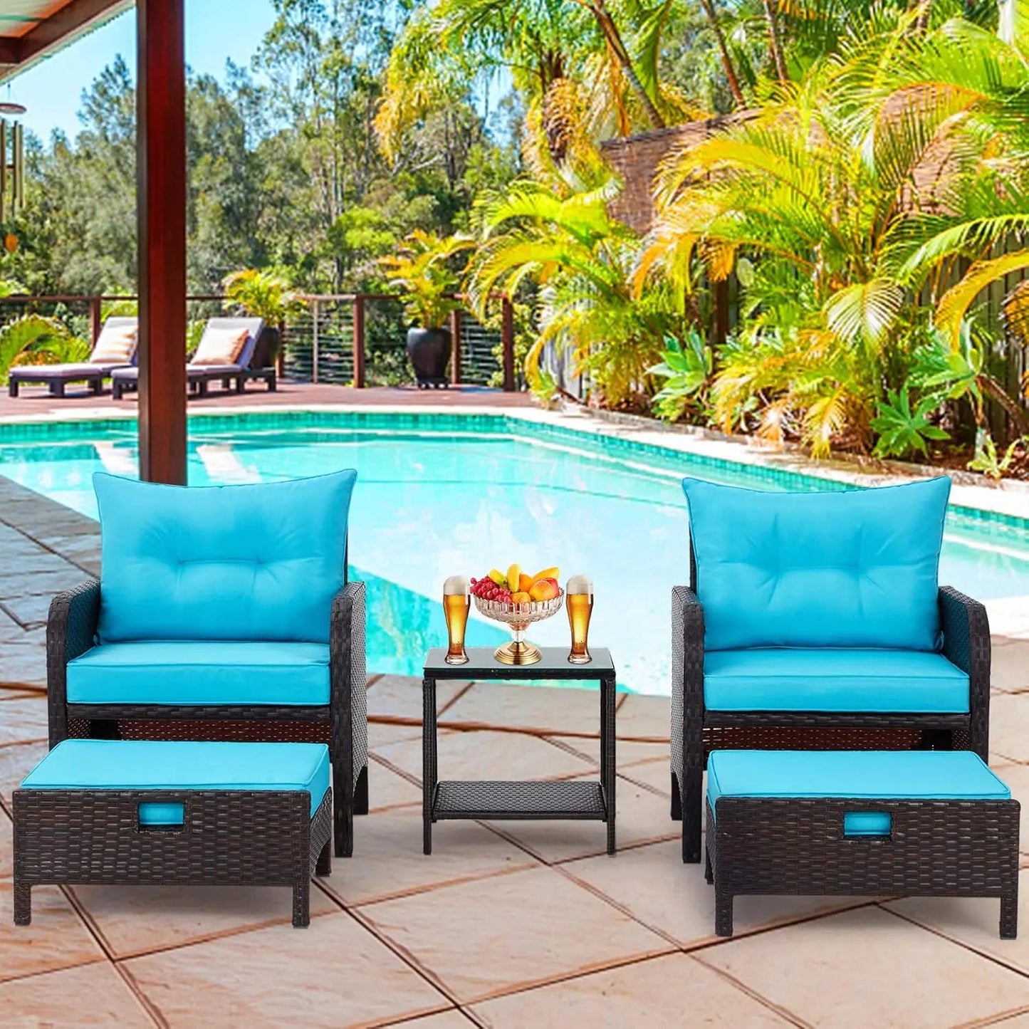 Patio Furniture Set, Outdoor Rattan Chairs with Tempered Glass Coffee Table, Ottomans & Soft Cushions, Wicker Conversation  Set - Home Fusion