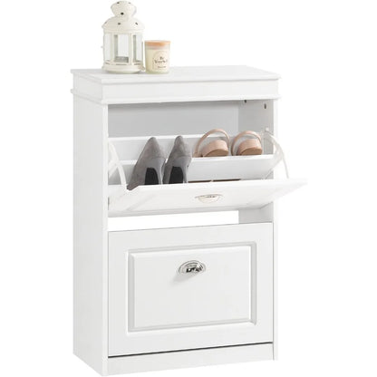 2 Flip-Drawers Shoe Cabinet, Slim Shoe Rack, Shoe Storage Cupboard Organizer Unit for Entryway and Hallway, 21.26"x9.45"x32.68" - Home Fusion
