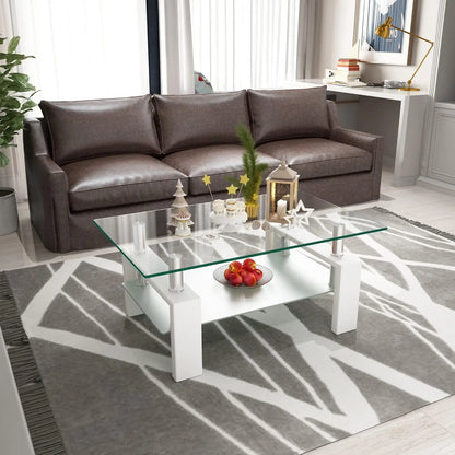 Rectangler Center Table with LED Lights2-Tier Tea Table Modern Side Coffee Table for Living Room - Home Fusion
