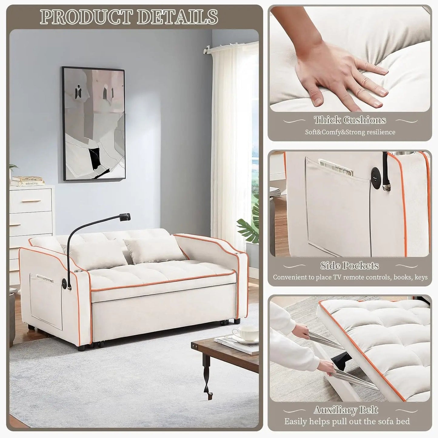 Velvet Convertible Couch Bed-Sofa: Charge, Relax, Sleep. - Home Fusion