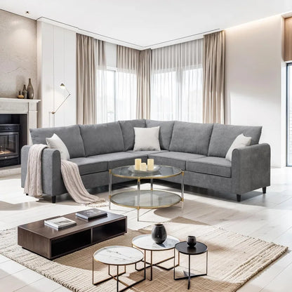 L shaped sofa L-Shaped Sectional Sofa Couch with 3 Pillows, Modern Upholstered Living Room Furniture Sets for Apartment Office Dorm, Grey 076823-f9.myshopify.com