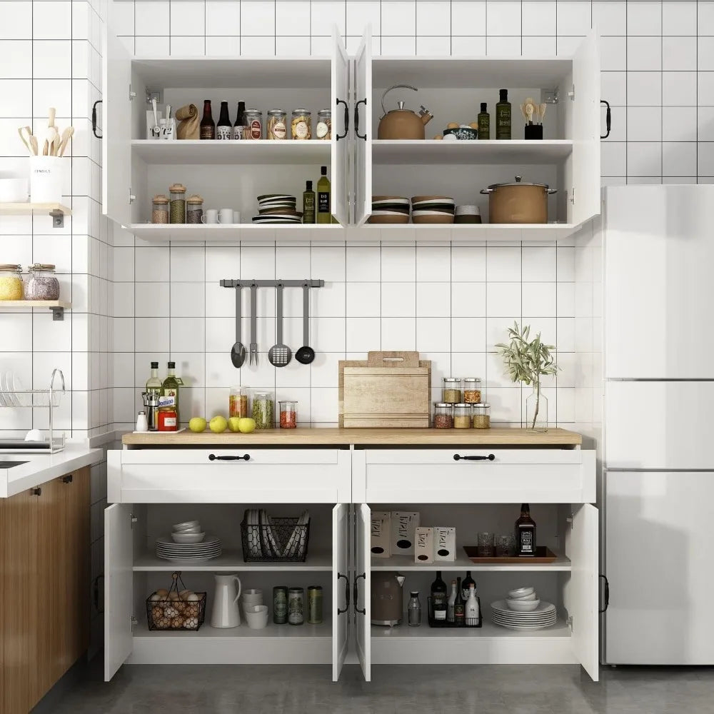 Wall-Mounted Kitchen Pantry with Countertop, with Drawers & Doors, Sufficient Storage, Thickened MDF Board, Kitchen Cabinets - Home Fusion