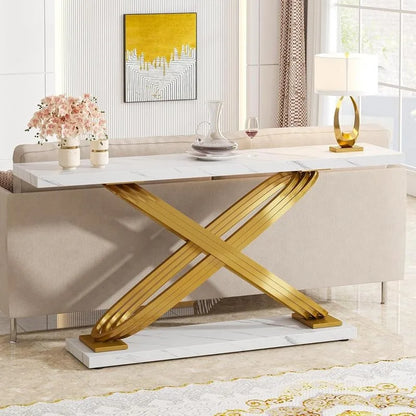 Tribesigns 55" Gold Console Table, Modern Faux Marble Entryway Table with Geometric Metal Base, Long Foyer Sofa Table for Livite - Home Fusion