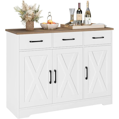 Modern Farmhouse Sideboard Buffet Cabinet, Barn Doors Buffet Storage Cabinet with Drawers and Shelves - Home Fusion