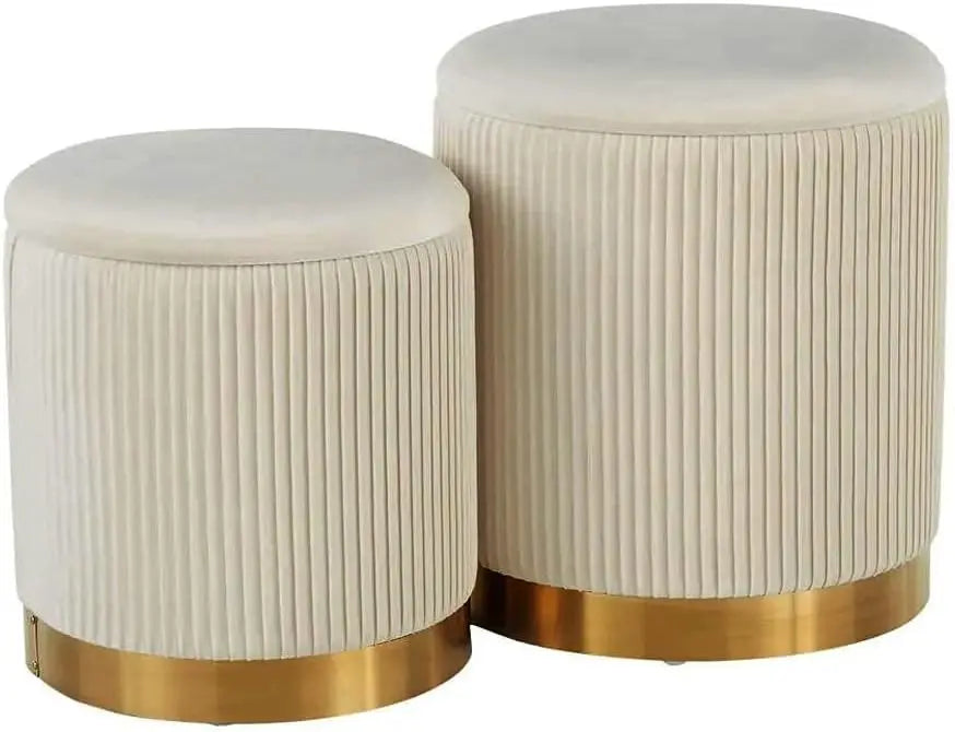 Round with Storage Set of 2, Velvet Storage Ottoman for Living Room, Round Storage, Ottoman Chair, Gold - Home Fusion