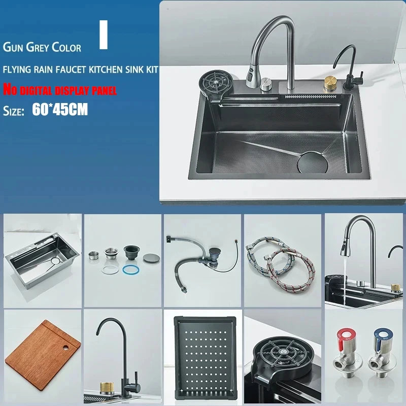 304 5 Water Discharge Modes Stainless Steel Waterfall Kitchen Sink Large Single Slot Integrated Digital Display Faucet Set Home Fusion
