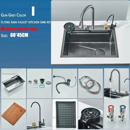 304 5 Water Discharge Modes Stainless Steel Waterfall Kitchen Sink Large Single Slot Integrated Digital Display Faucet Set Home Fusion