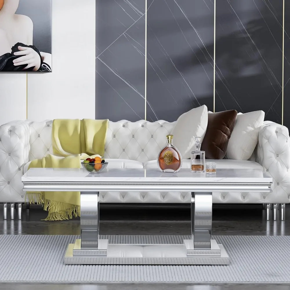 47" Rectangular Coffee Table, Modern White Faux Marble Cocktail Table, with Silver Mirrored Finish U-Shape Stainless Steel Base - Home Fusion