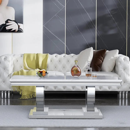 47" Rectangular Coffee Table, Modern White Faux Marble Cocktail Table, with Silver Mirrored Finish U-Shape Stainless Steel Base - Home Fusion