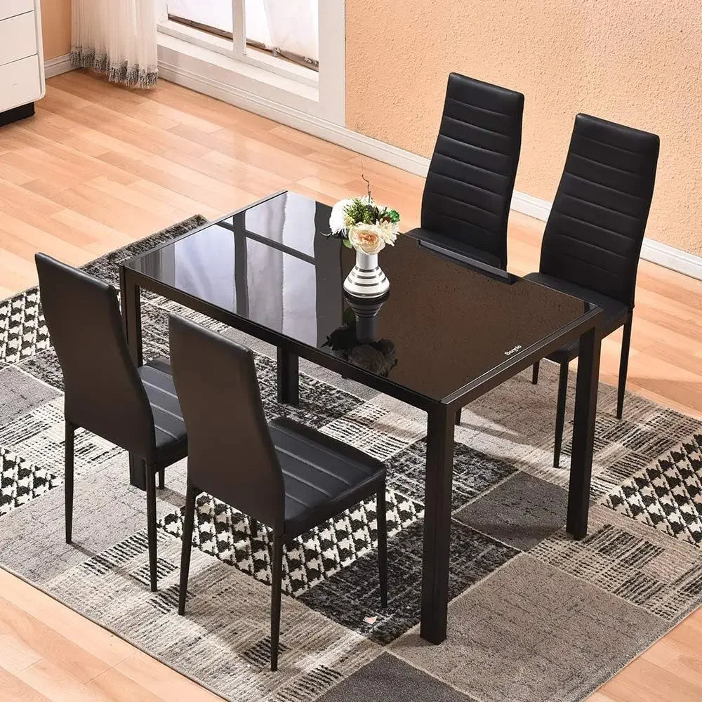 Dining Table with Chairs, Modern Tempered Glass Top Table and PU Leather Chairs with 6 Chairs Dining Room Furniture - Home Fusion