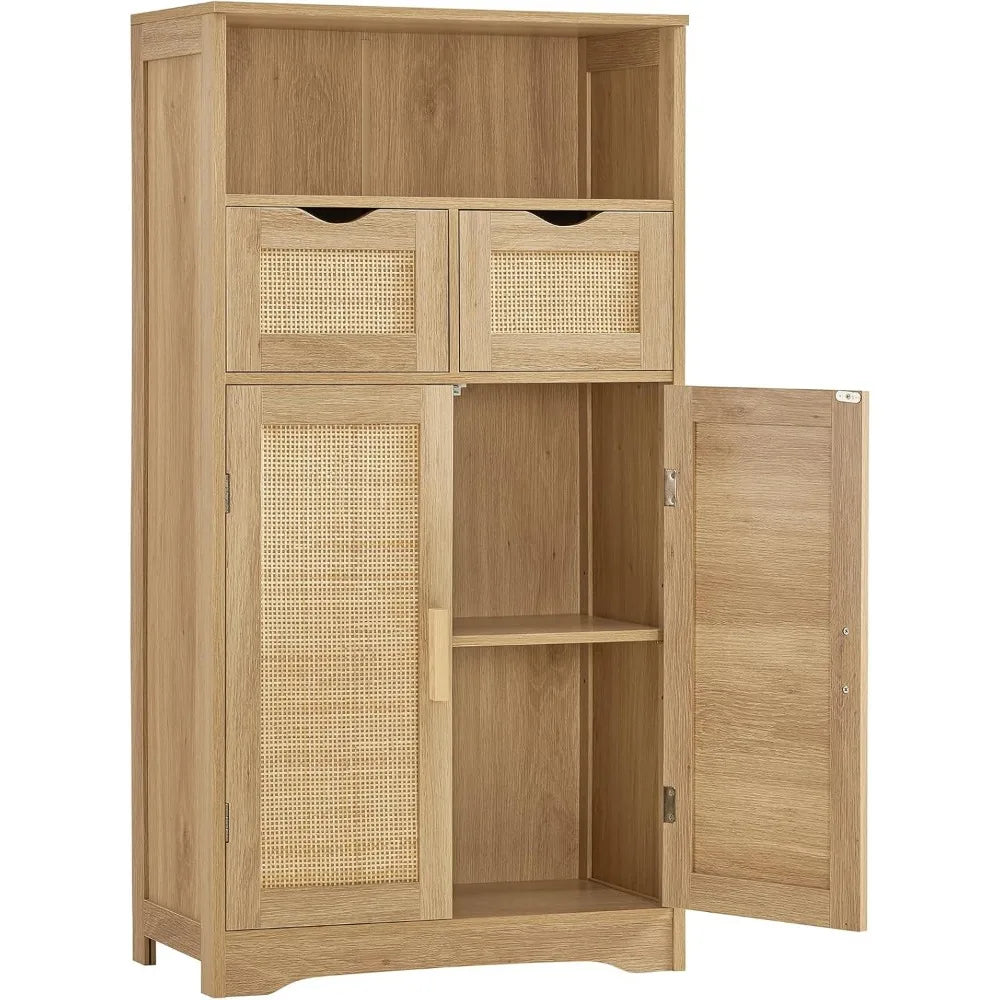 Iwell Storage Cabinet, Rattan Cabinet with 2 Drawers and Adjustable Shelves, Cupboard, Floor Cabinet with Doors for Living Room - Home Fusion