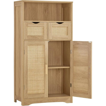 Iwell Storage Cabinet, Rattan Cabinet with 2 Drawers and Adjustable Shelves, Cupboard, Floor Cabinet with Doors for Living Room - Home Fusion