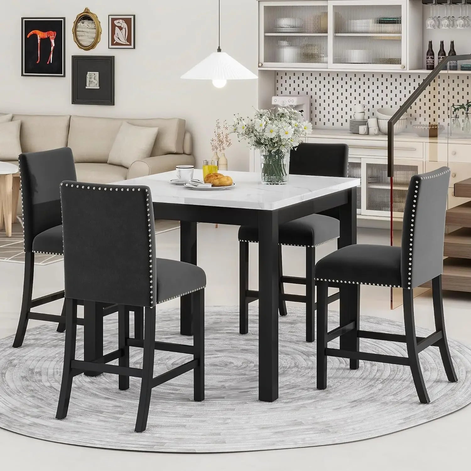 5 Piece Dining Room Table Set for Kitchen with Faux Marble Dining Table and 4 Upholstered-Seat Chairs,Living Room Furniture - Home Fusion
