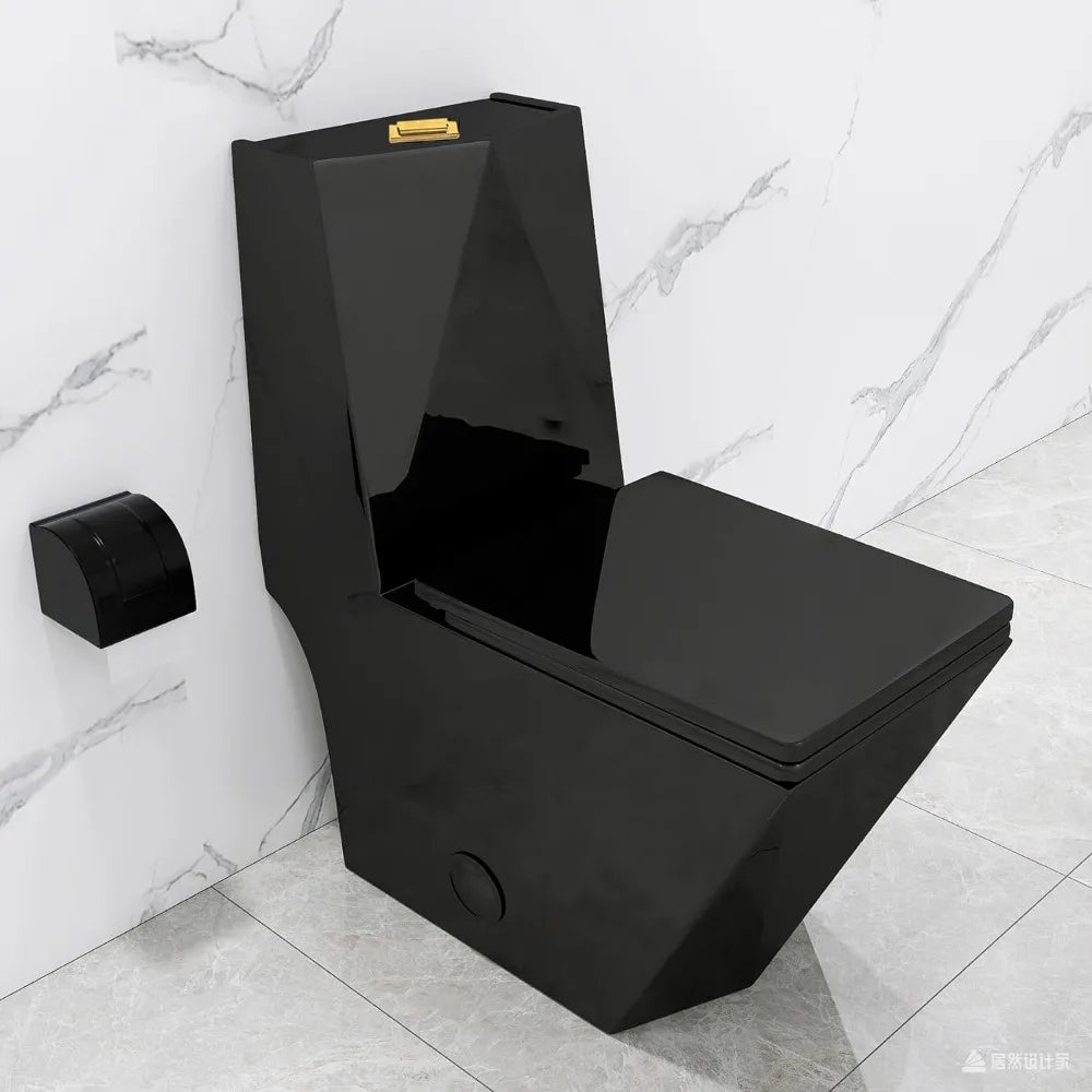 Square One Piece Toilet Black With Gold Button For Modern Bathroom,Diamond-shaped Sleek Design Elonagted Rectangle Glossy Black - Home Fusion