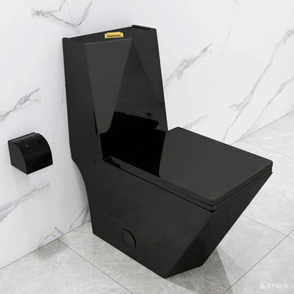 Square One Piece Toilet Black With Gold Button For Modern Bathroom,Diamond-shaped Sleek Design Elonagted Rectangle Glossy Black - Home Fusion