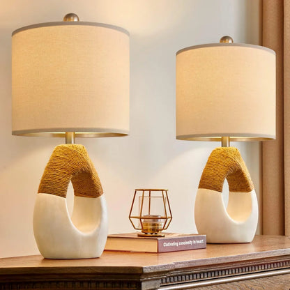 OYEARS Boho Table Lamps Bedroom Living Room Set 2 Small Farmhouse Rattan Table Lamp 19”Rustic Home Decoration Nightstand - Home Fusion