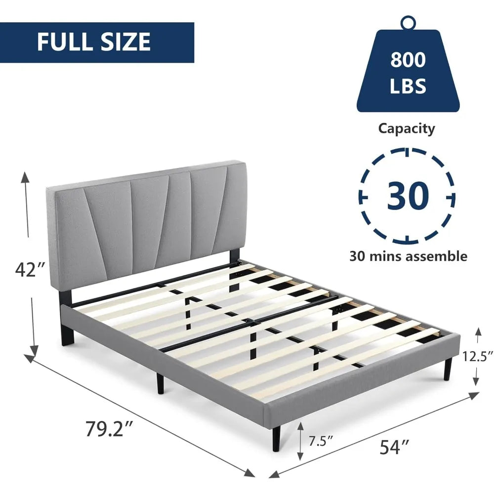 Full Size Bed Frame with Upholstered Headboard, Linen Fabric Wrap, Wooden Slats Support, Solid and Stable, No Box Spring Needed - Home Fusion