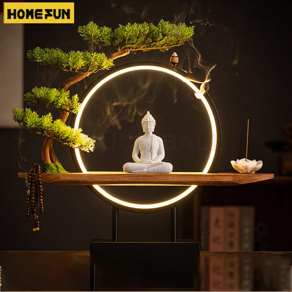 Sakyamuni Buddha Statue Large Buddhist statue Tathagata Buddha Figure Buddha Led ring light For Living Room Incense Porch - Home Fusion