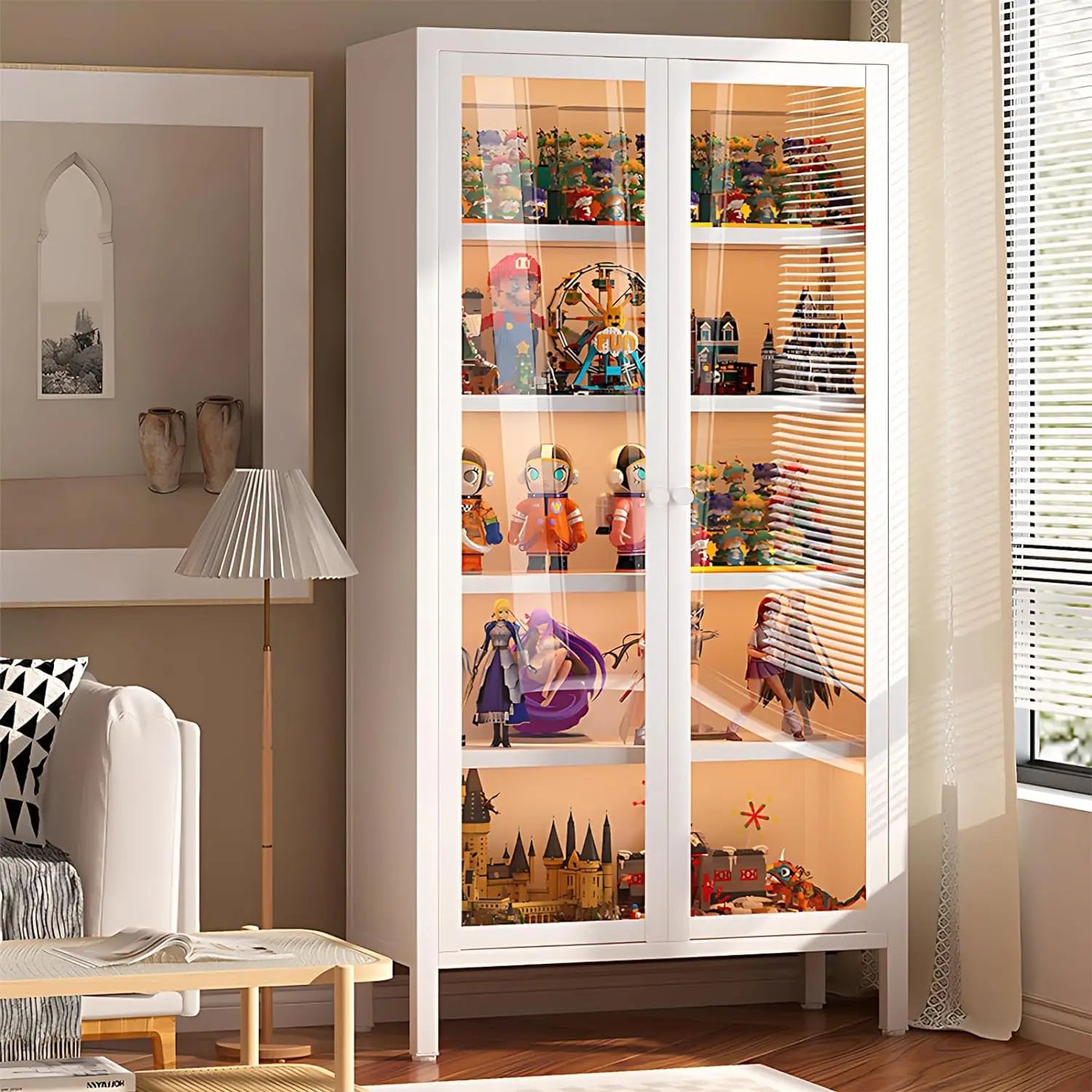 67" Display Cabinet, 6 Tier Curio Display Cabinet with Tempered Glass Door and Adjustable Shelves Storage Cabinets - Home Fusion