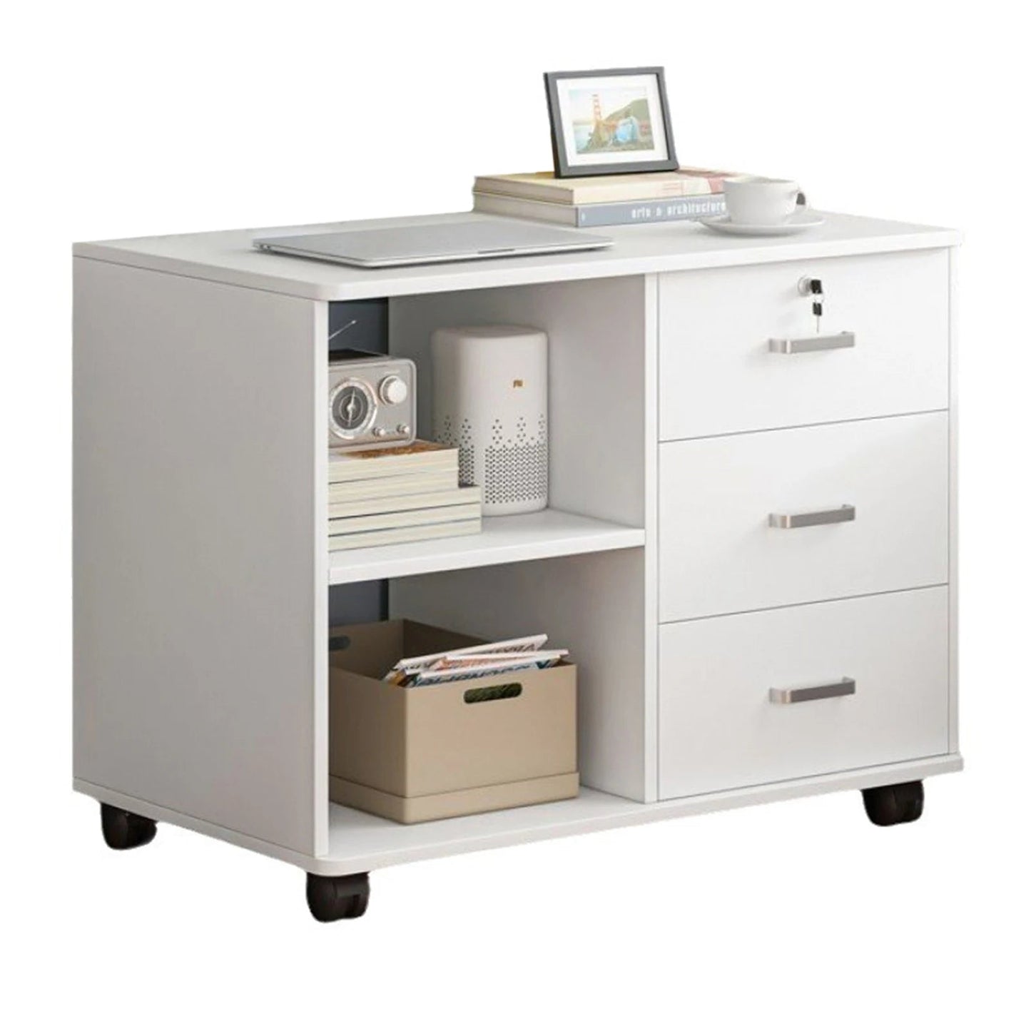 File Cabinet 3 Drawer Printer Stand Lateral Mobile Under Desk Organizer Wooden With Wheels Adjustable Shelves Home Room Storage - Home Fusion