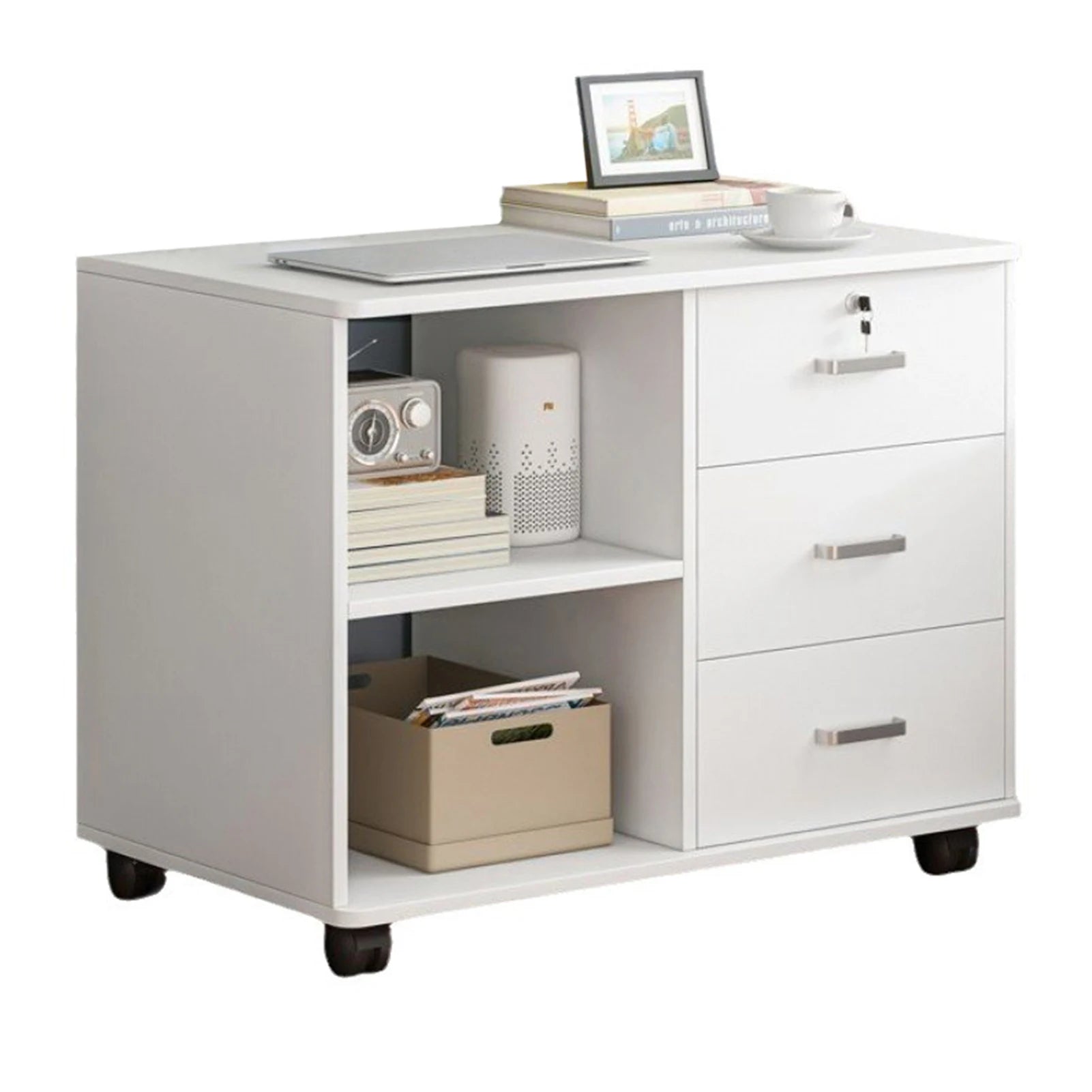 File Cabinet 3 Drawer Printer Stand Lateral Mobile Under Desk Organizer Wooden With Wheels Adjustable Shelves Home Room Storage - Home Fusion