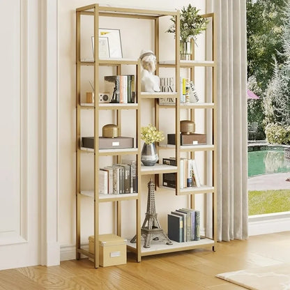 Home Decorations 6 Tier Gold Bookshelf Home Decor Items 71” Tall Modern Free Standing Bookshelf With 12 Shelf Bookcase Room Wall - Home Fusion