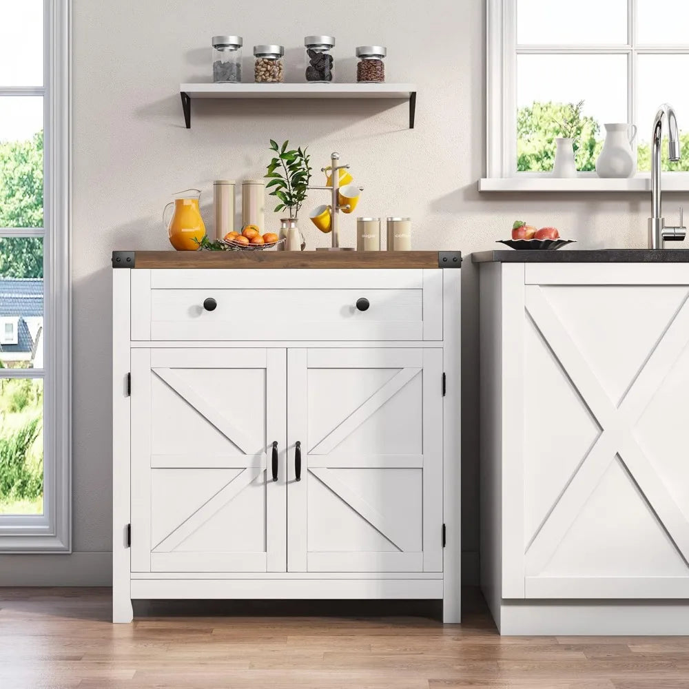 Modern Farmhouse Buffet Sideboard with Drawer and Adjustable Shelf, Barn Door Storage Cabinet forBathroom, Entryway - Home Fusion