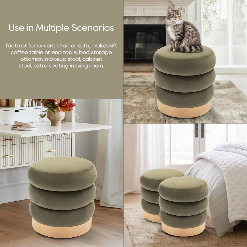 Velvet Ottoman Footstool, Tufted Modern Foot Rest Stool with Wood Base for Living Room, Bedroom, Desk, Round Versatile Side End - Home Fusion