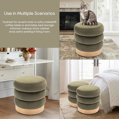 Velvet Ottoman Footstool, Tufted Modern Foot Rest Stool with Wood Base for Living Room, Bedroom, Desk, Round Versatile Side End - Home Fusion