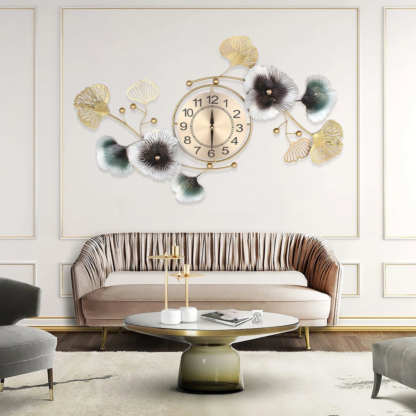 Wall Clock Modern Ginkgo Biloba Wall Clock Mute Large Wall Clock Home Living Room Decoration 90x45cm Home Fusion