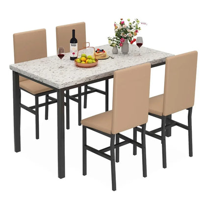 New Dining Table Set for 4 with 4 PU Leather Chairs,5-Piece Marble DiningTable Set with 4 Velvet Metal Frame Chairs for Kitchen - Home Fusion